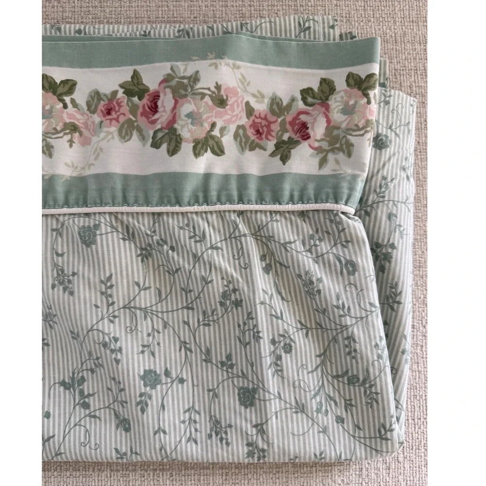 Vintage LAURA ASHLEY Cottage Rose Full Flat Sheet Sage Green Pink Floral USA